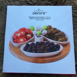 BNIB Decora porcelain & bamboo serving dishes & picks - 27cm